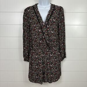 LOFT Floral Print Crossover Long Sleeve Shorts Romper Black sz M